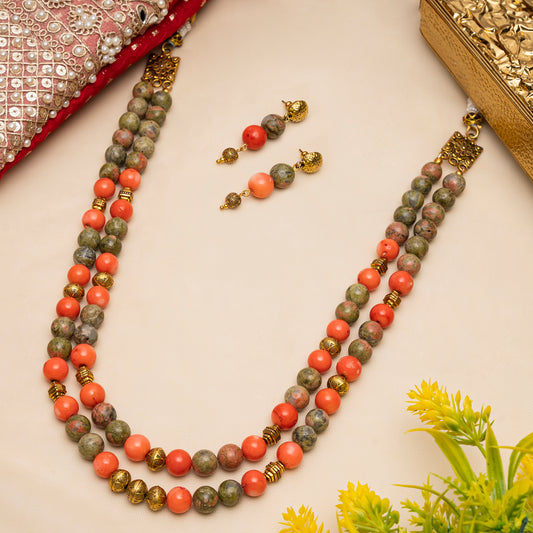 EYKAA CORAL, UNAKITE AND GOLDEN BEADS NECKLACE WITH EARRINGS