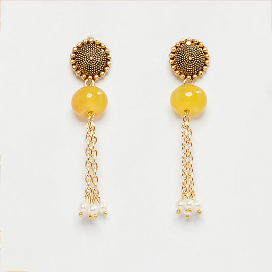 EYKAA YELLOW AGATE WITH FRESHWATER PEARL EARRINGS