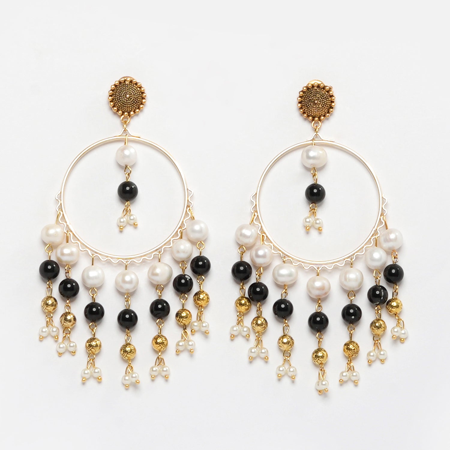  Eykaa Black Jasper With Freshwater Pearl And Shell Pearl Earrings On A White Background.