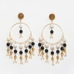  Eykaa Black Jasper With Freshwater Pearl And Shell Pearl Earrings On A White Background.