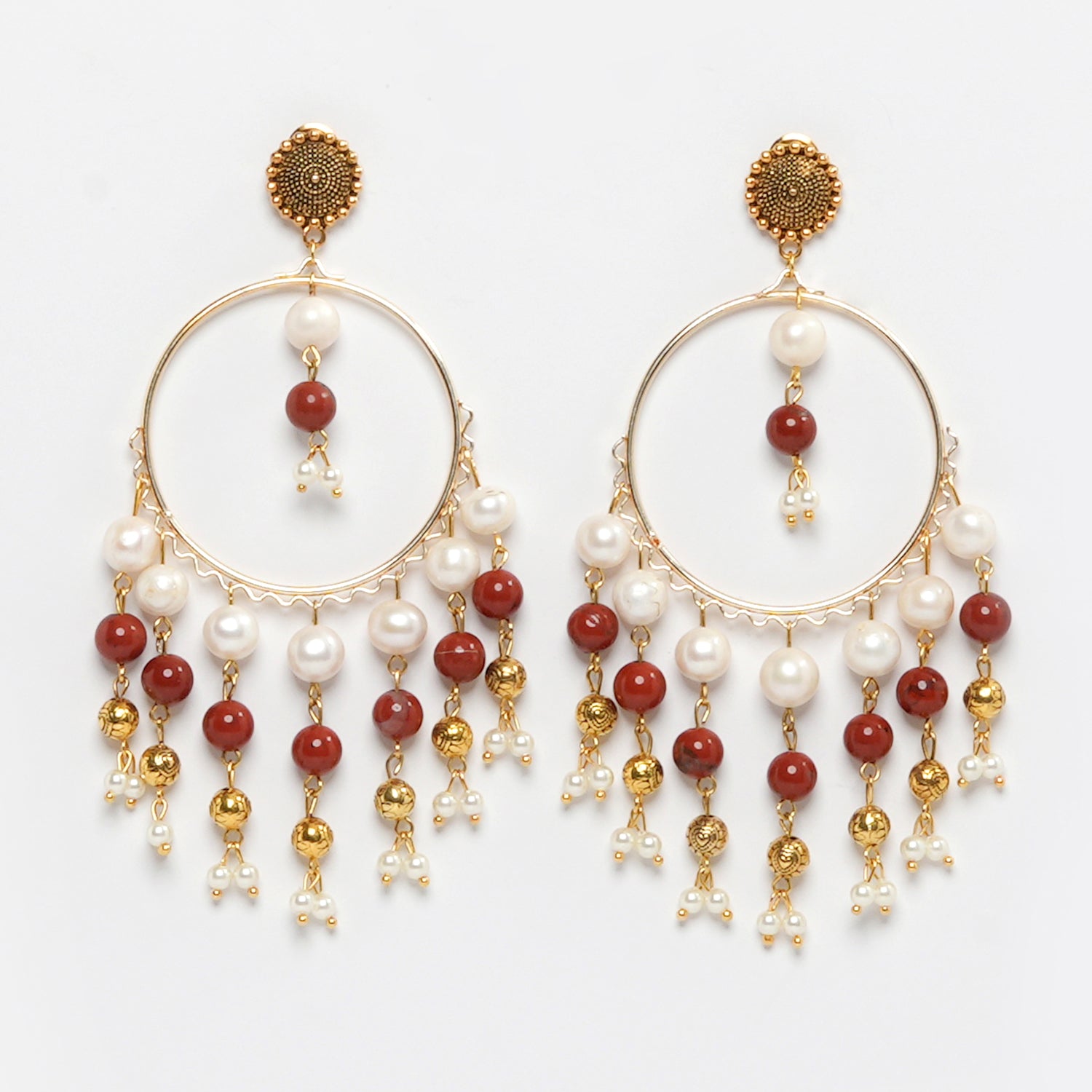 Eykaa Red Jasper With Fresh Water Pearl And Shell Pearl Earrings On A White Background. 