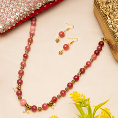 EYKAA PINK JADE AND SHELL PEARL NECKLACE WITH EARRINGS