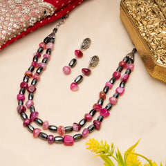 EYKAA PINK AGATE TUMBLE AND HEMATITE LAYERED NECKLACE WITH EARRINGS