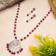 EYKAA AMETHYST, MAROON JADE NECKLACE WITH SLIVER PANDENT AND EARRINGS