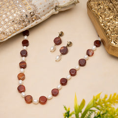 EYKAA CARNELIAN AND FRESH WATER PEARL NECKLACE WITH EARRINGS