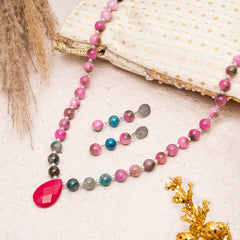 EYKAA PINK JADE BLUE APATITE, PINK AGATE DROP PENDANT NECKLACE  WITH SHELL PEARL EARRINGS