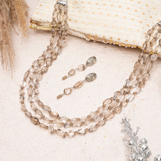 EYKAA SMOKEY QUARTZ TUMBLE LAYERED NECKLACE WITH EARRINGS