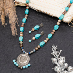 Eykaa Radiant Ocean: Firoza, Rhyolite & Lapis Lazuli Necklace With Earrings Set