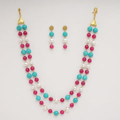 EYKAA FIROZA, MAROON JADE AND KOREAN PEARL BALL NECKLACE WITH EARRINGS