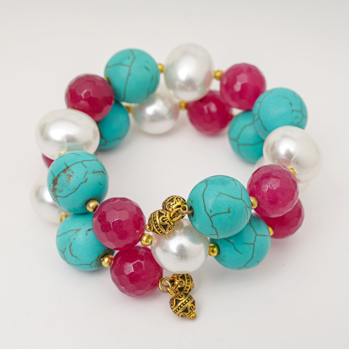 EYKAA FIROZA, MAROON JADE AND KOREAN PEARL BALL BRACELET