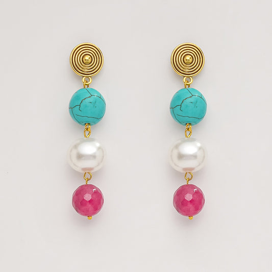 EYKAA FIROZA, MAROON JADE AND KOREAN PEARL BALL EARRINGS