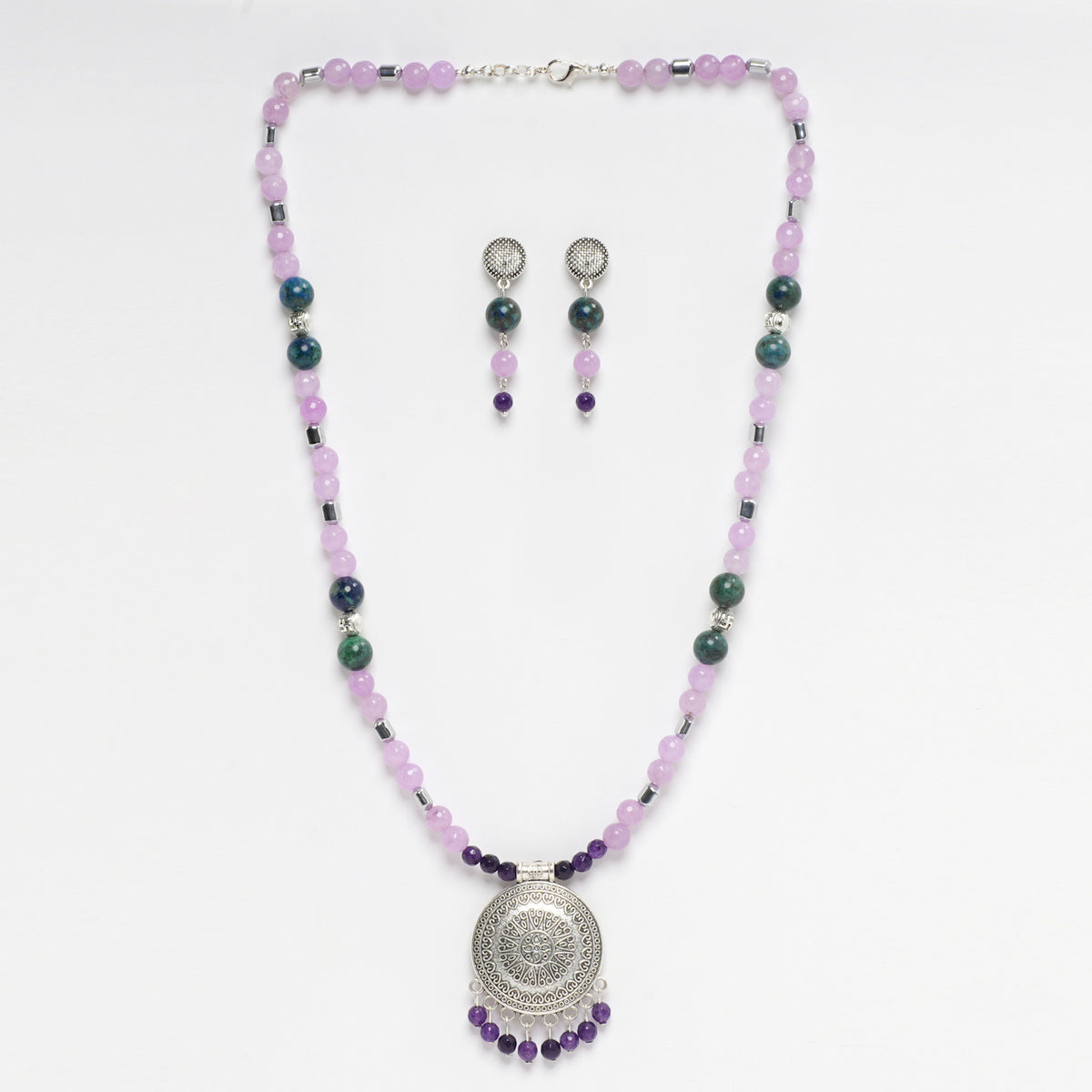 EYKAA PURPLE FACETED JADE AND AZURITE NECKLACE WITH EARRINGS