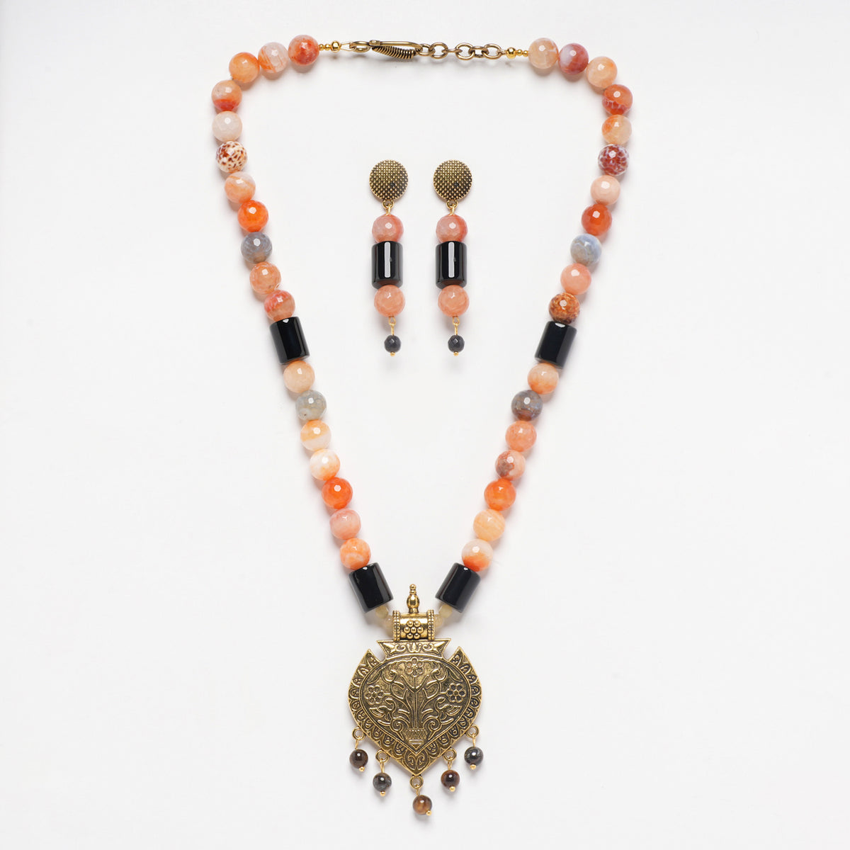 ORANGE AGATE AND BLACK ONYX NECKLACE WITH EARRINGS