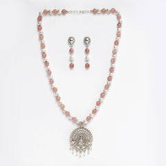 EYKAA STRAWBERRY QUARTZ SILVER LAVA WITH SILVER PENDANT NECKLESS WITH EARRINGS