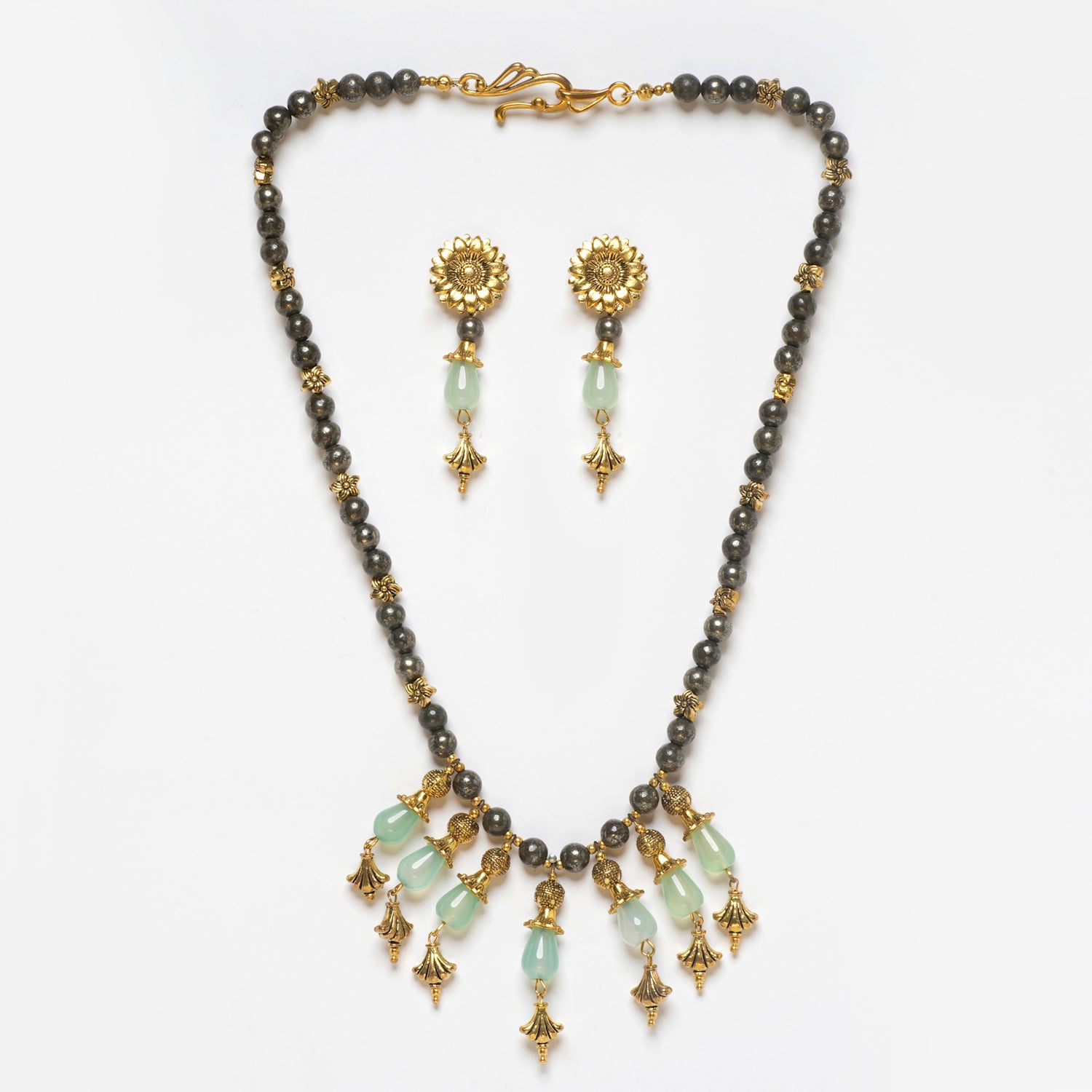 PYRITE WITH GREEN AGATE EARRINGS AND NECKLACE