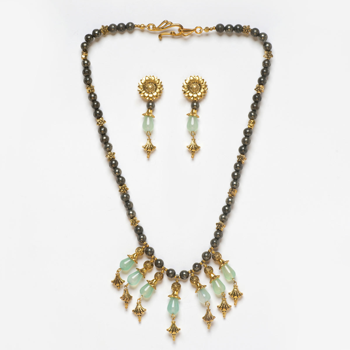 PYRITE WITH GREEN AGATE EARRINGS AND NECKLACE