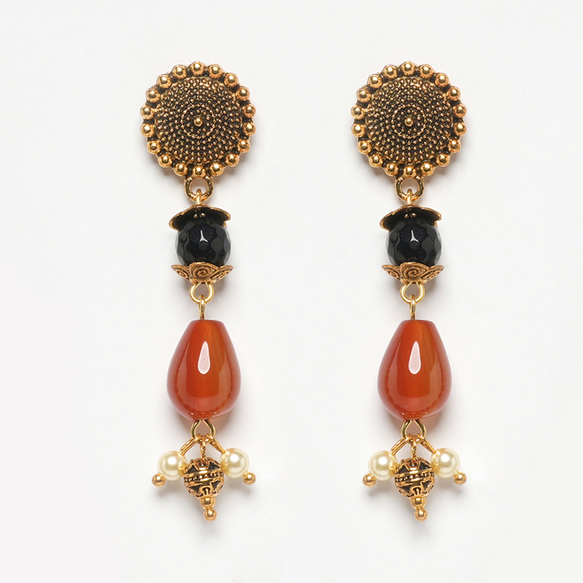 EYKAA CARNELIAN WITH BLACK FACETED JADE  EARRINGS