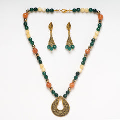 EYKAA FACETED GREEN JADE, YELLOW CALCITE, ORANGE AVENTURINE AND GOLDEN HEMATITE  NECKLACE WITH EARRINGS.