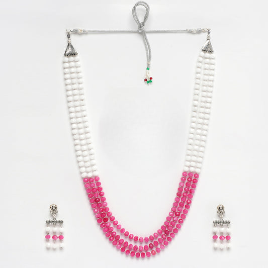 EYKAA PINK AND WHITE JADE NECKLACE WITH EARRINGS