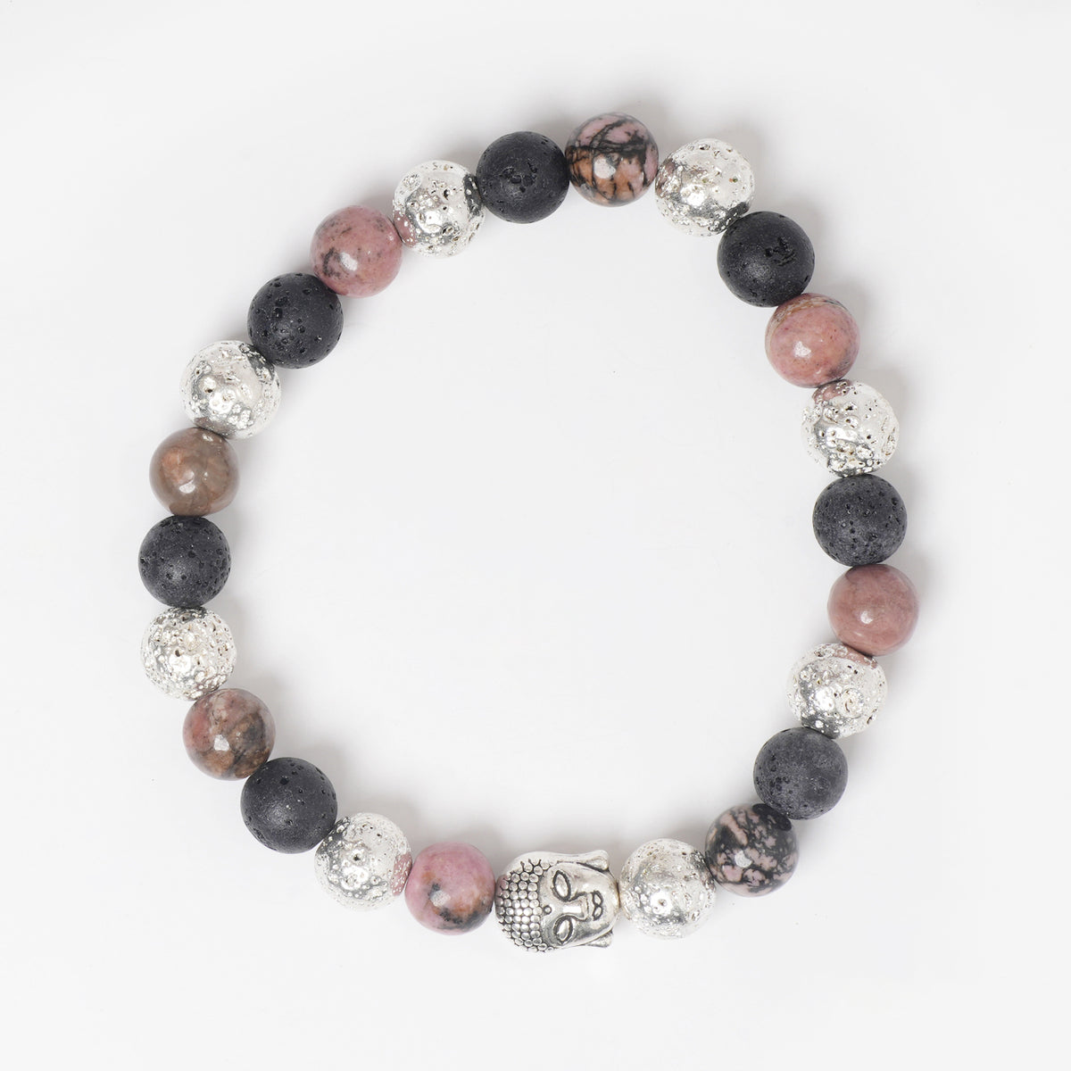 EYKAA RHODONITE, SILVER LAVA AND LAVA BRACELET