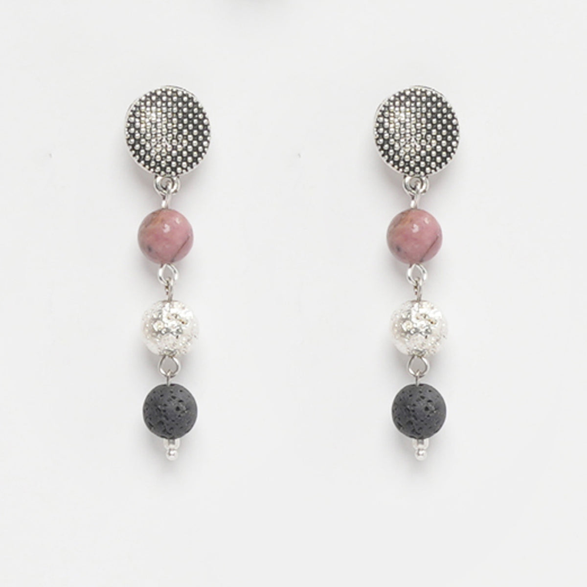 EYKAA RHODONITE, SILVER LAVA, AND LAVA EARRINGS