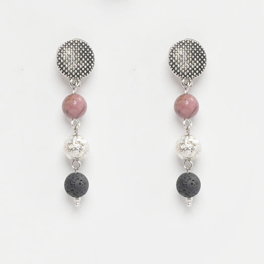 EYKAA RHODONITE, SILVER LAVA, AND LAVA EARRINGS