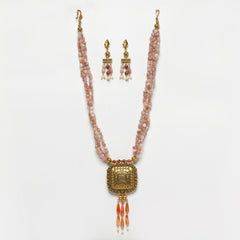 EYKAA PEACH MOONSTONE, CARNELIAN AND ORANGE DALMATIAN  NECKLACE WITH EARRINGS