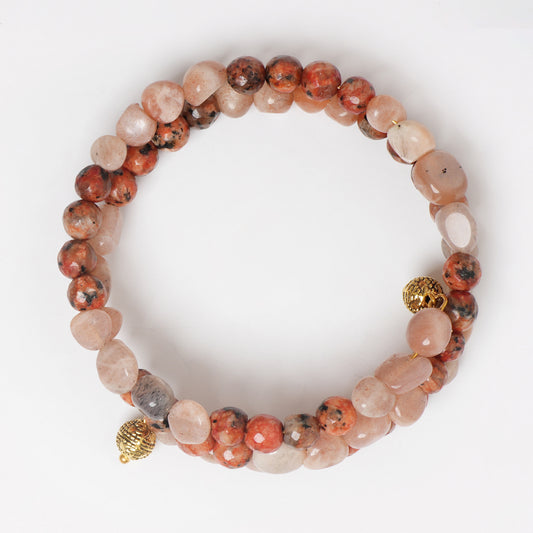 EYKAA PEACH MOONSTONE, CARNELIAN, DALMATIAN AND SHELL PEARL FREE SIZE BRACELET