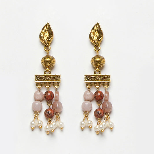 EYKAA PEACH MOONSTONE, CARNELIAN, DALMATIAN AND SHELL PEARL EARRINGS