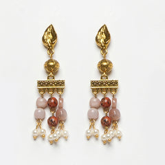 EYKAA PEACH MOONSTONE, CARNELIAN, DALMATIAN AND SHELL PEARL EARRINGS