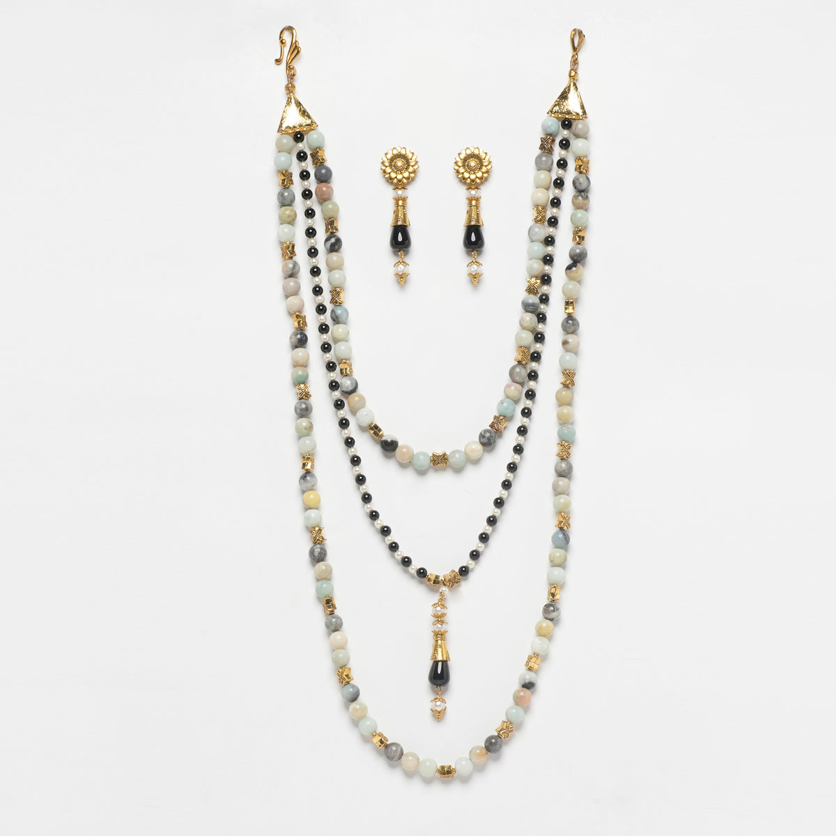 EYKAA AMAZONITE, BLACK ONYX AND SHELL PEARL LAYERED NECKLACE WITH EARRINGS