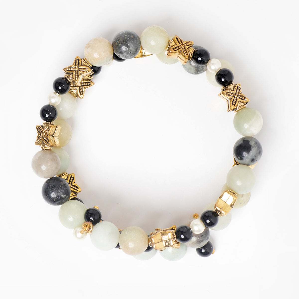 EYKAA AMAZONITE, BLACK ONYX AND SHELL PEARL FREE SIZE BRACELET