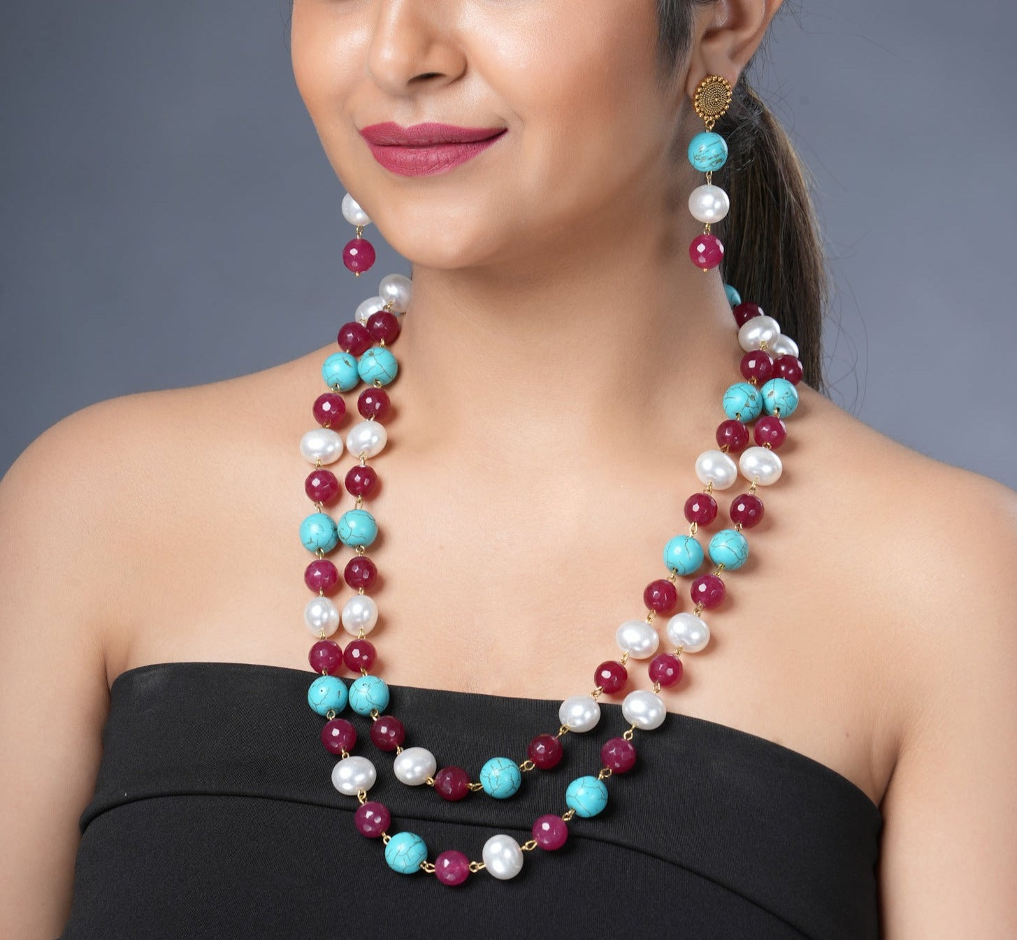 Girl Model Wearing Eykaa Firoza, Maroon Jade With Korean Pearl Ball Necklace With Earrings.