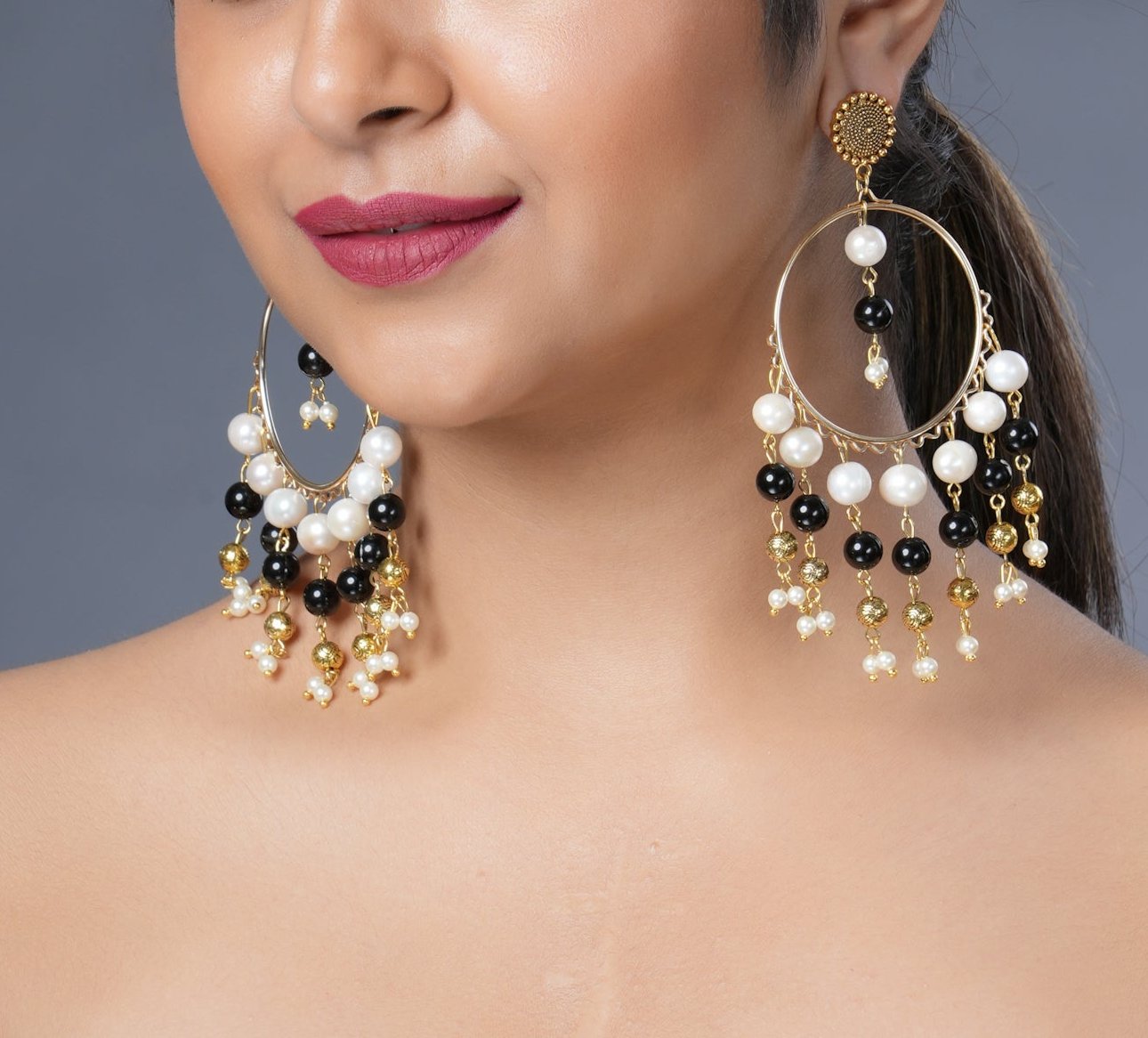 Girl Model Wearing Eykaa Black Jasper With Freshwater Pearl And Shell Pearl Earrings.