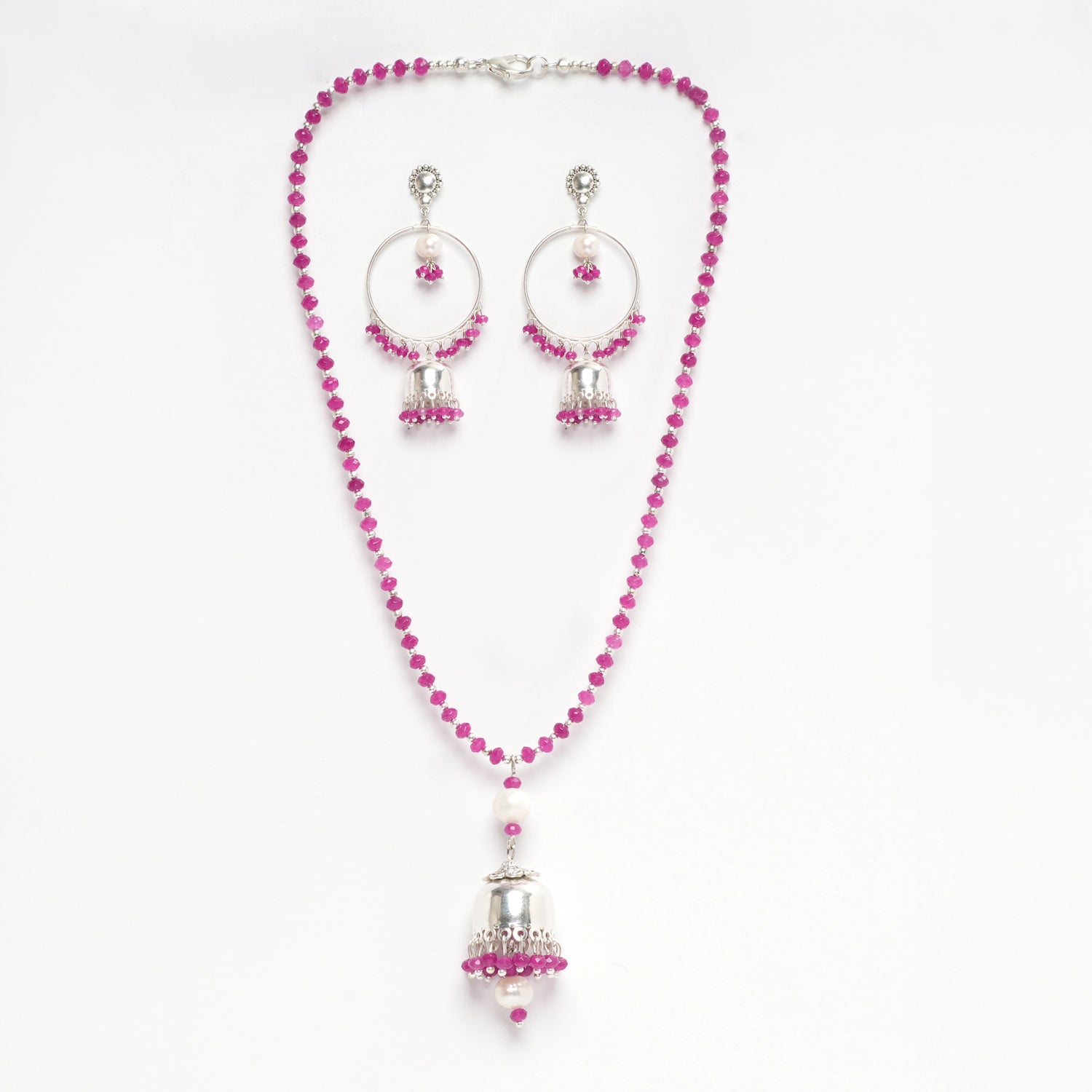 DARK PINK FACETED JADE 4 MM WITH FRESH WATER PEARL PENDANT AND SILVER BEADS BALI PATTERN EARRINGS