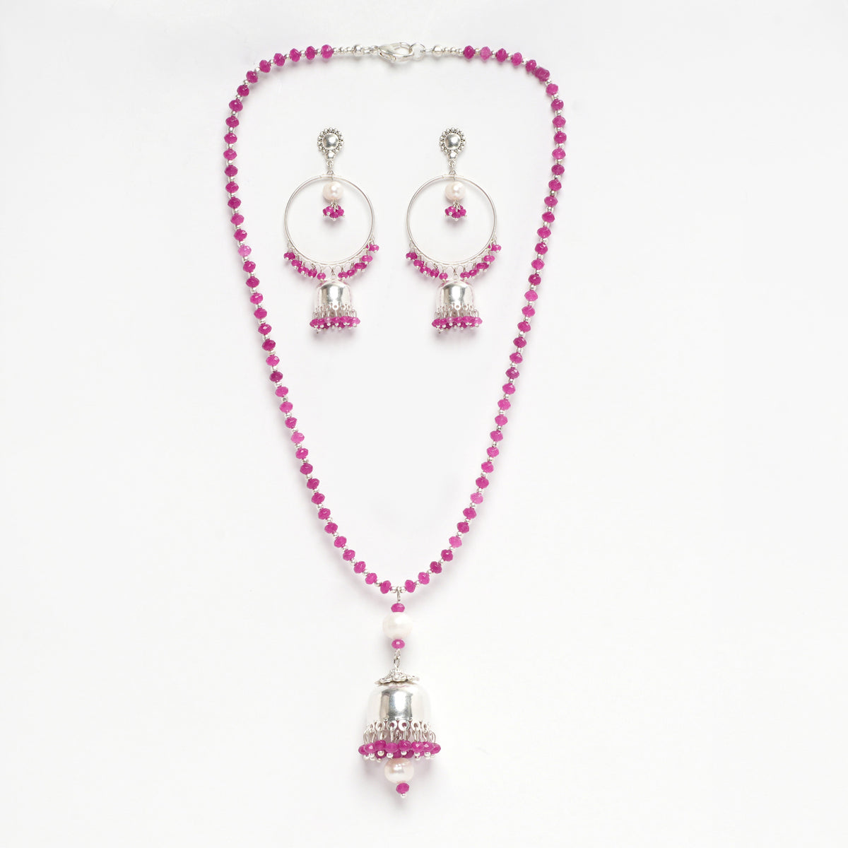 DARK PINK FACETED JADE 4 MM WITH FRESH WATER PEARL PENDANT AND SILVER BEADS BALI PATTERN EARRINGS