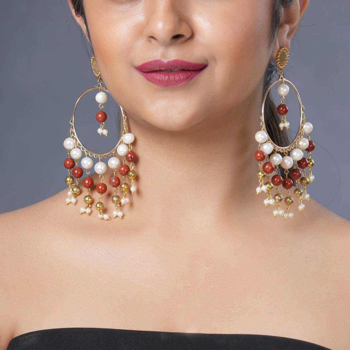 Girl Model Wearing  Eykaa Red Jasper With Fresh Water Pearl And Shell Pearl Earrings.