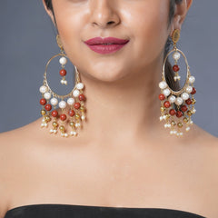 Girl Model Wearing  Eykaa Red Jasper With Fresh Water Pearl And Shell Pearl Earrings.