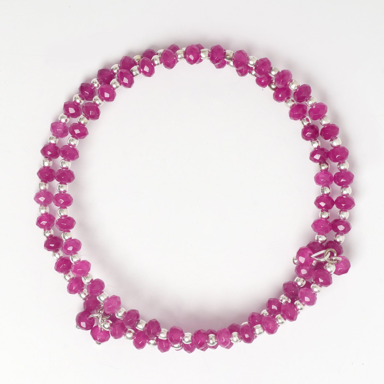 DARK PINK FACETED JADE 4 MM WITH FRESH WATER PEARL AND SILVER BEADS BALI PATTERN BRACELET