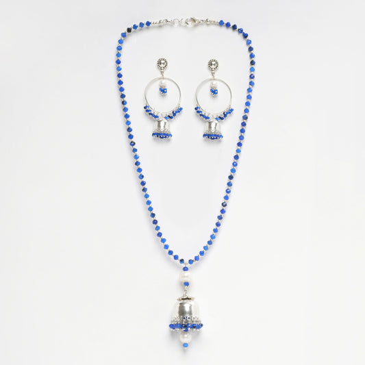 DARK BLUE FACETED JADE 4 MM WITH FRESH WATER PEARL PENDANT AND SILVER BEADS BALI PATTERN NECKLASE EARRING