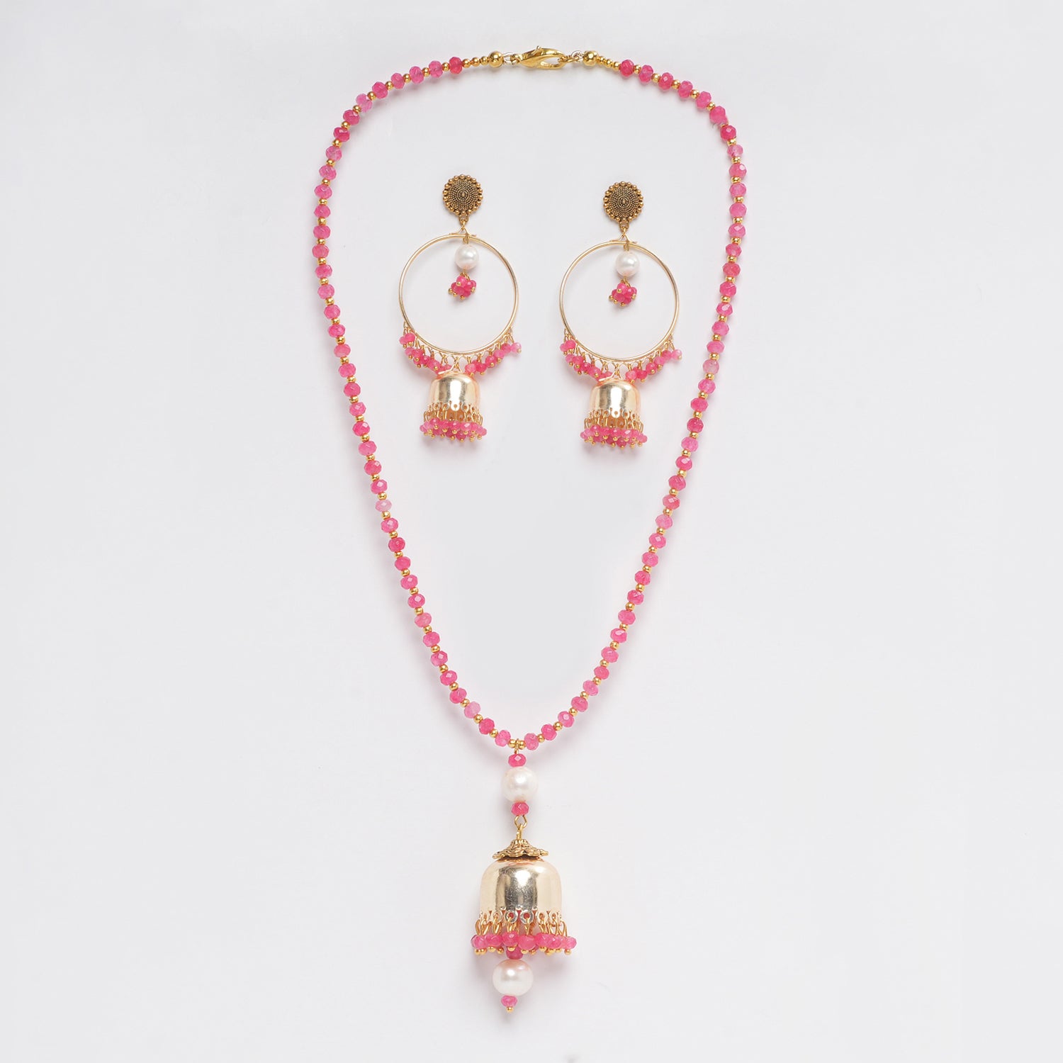 PINK FACETED JADE 4 MM WITH FRESH WATER PEARL PENDANT AND GOLDEN BEADS BALI PATTERN EARRING