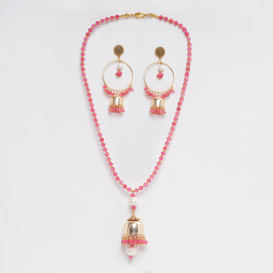 PINK FACETED JADE 4 MM WITH FRESH WATER PEARL PENDANT AND GOLDEN BEADS BALI PATTERN EARRING