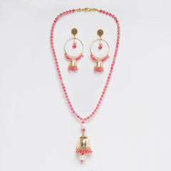 PINK FACETED JADE 4 MM WITH FRESH WATER PEARL PENDANT AND GOLDEN BEADS BALI PATTERN EARRING