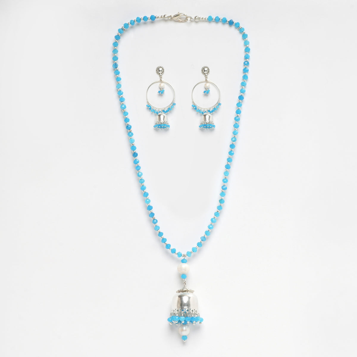 EYKAA FIROZI BLUE FACETED JADE 4 MM WITH FRESH WATER PEARL PENDANT NECKLACE AND SILVER BEADS BALI PATTERN AND SLIVER BEADS BALI PATTERN EARRING