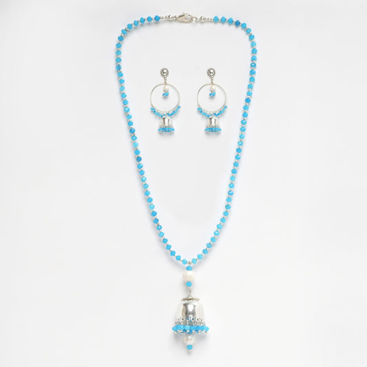 EYKAA FIROZI BLUE FACETED JADE 4 MM WITH FRESH WATER PEARL PENDANT NECKLACE AND SILVER BEADS BALI PATTERN AND SLIVER BEADS BALI PATTERN EARRING