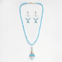 EYKAA FIROZI BLUE FACETED JADE 4 MM WITH FRESH WATER PEARL PENDANT NECKLACE AND SILVER BEADS BALI PATTERN AND SLIVER BEADS BALI PATTERN EARRING