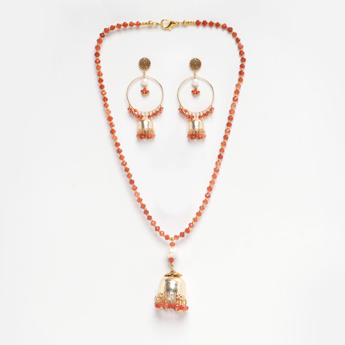 EYKAA ORANGE FACETED JADE AND FRESH WATER PEARL NECKLACE WITH BALI PATTERN  EARRINGS