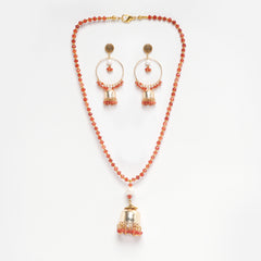 EYKAA ORANGE FACETED JADE AND FRESH WATER PEARL NECKLACE WITH BALI PATTERN  EARRINGS