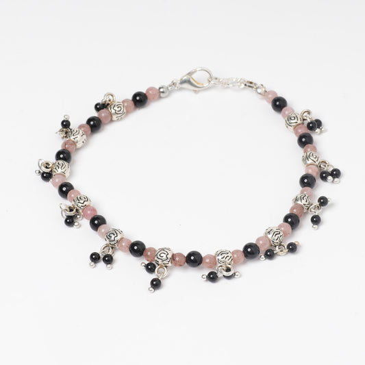 EYKAA STRAWBERRY QUARTZ AND BLACK ONYX ANKLET