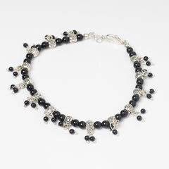 EYKAA BLACK ONYX AND SLIVER SPACER BEADS ANKLET